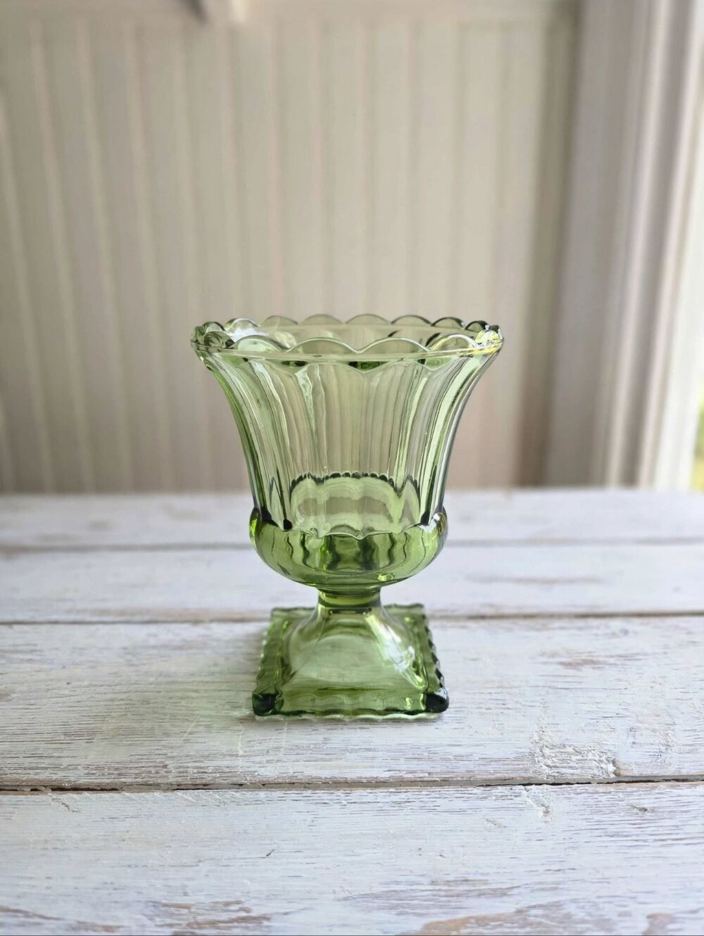 Vintage Mid-Century Olive Green Glass Footed Vase Scalloped Compote